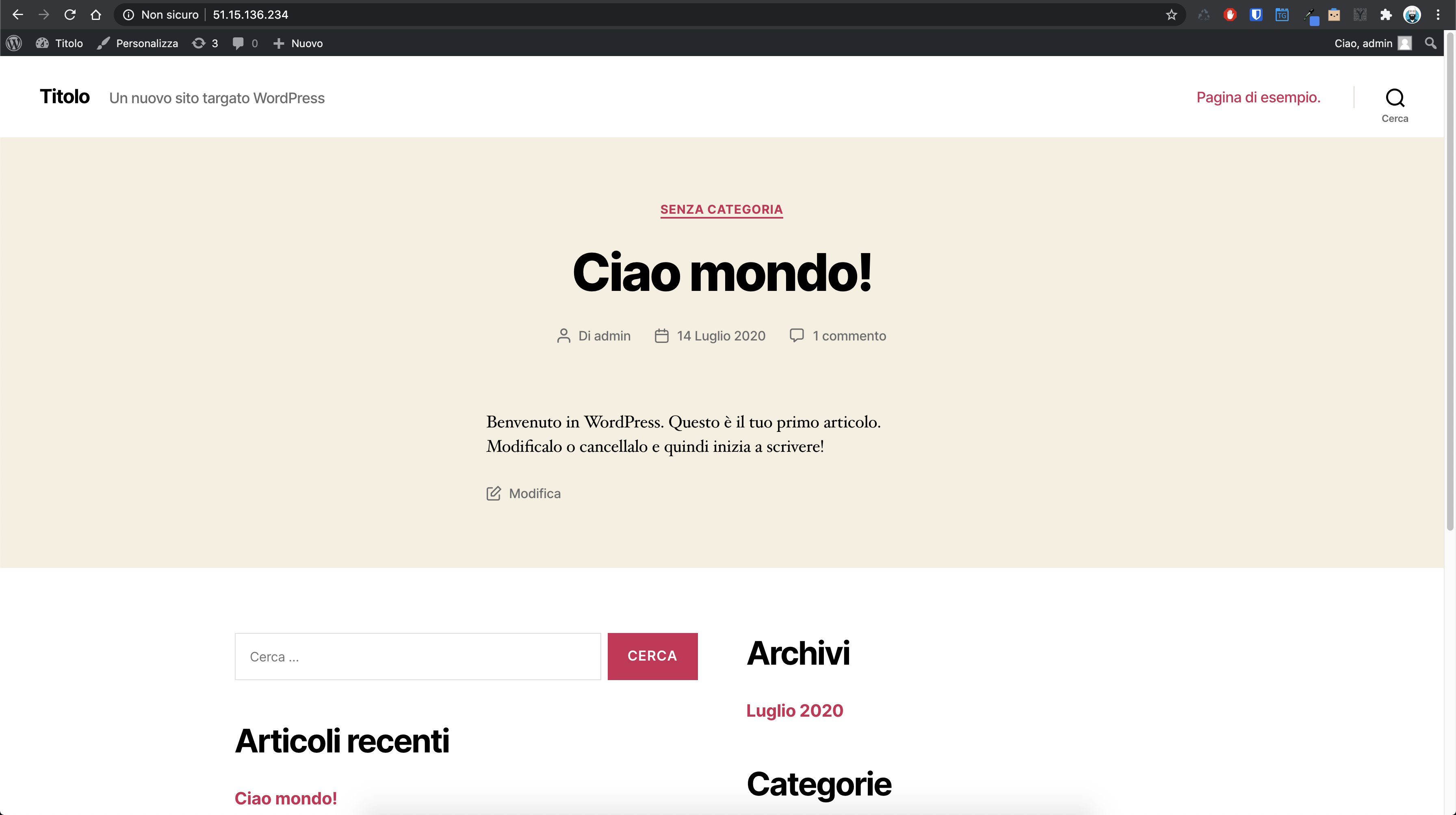 WordPress homepage su server remoto con Docker