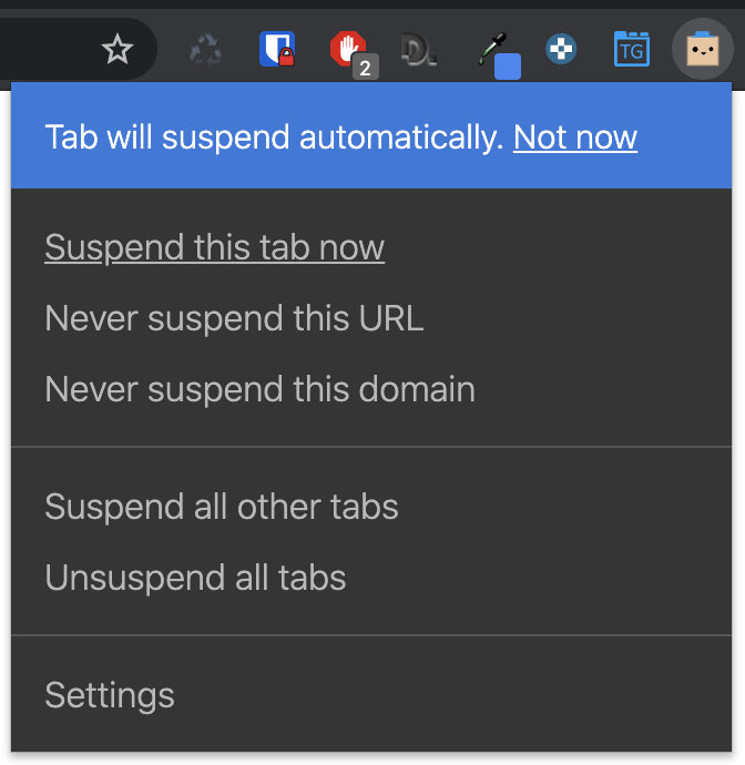 The Great Suspender menù