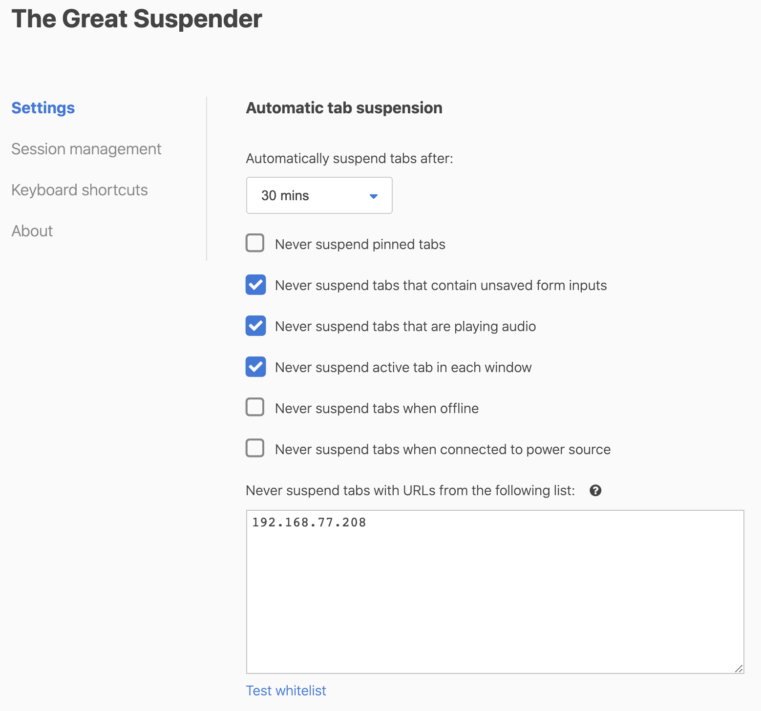 The Great Suspender impostazioni