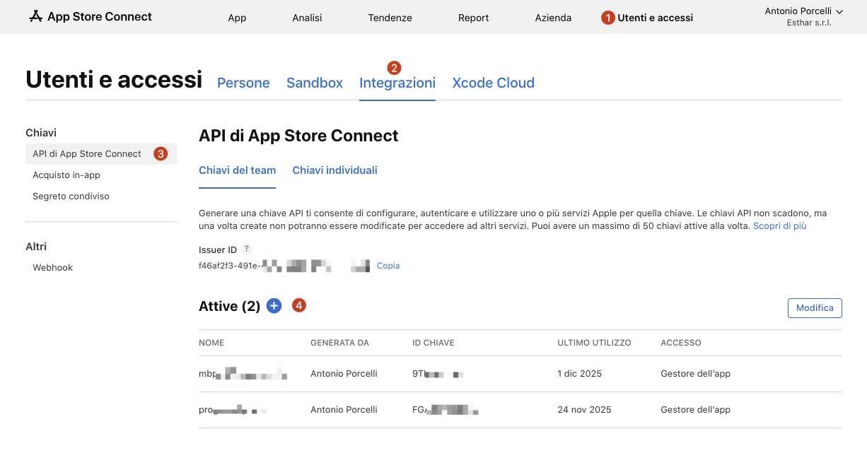 creazione key per app store connect