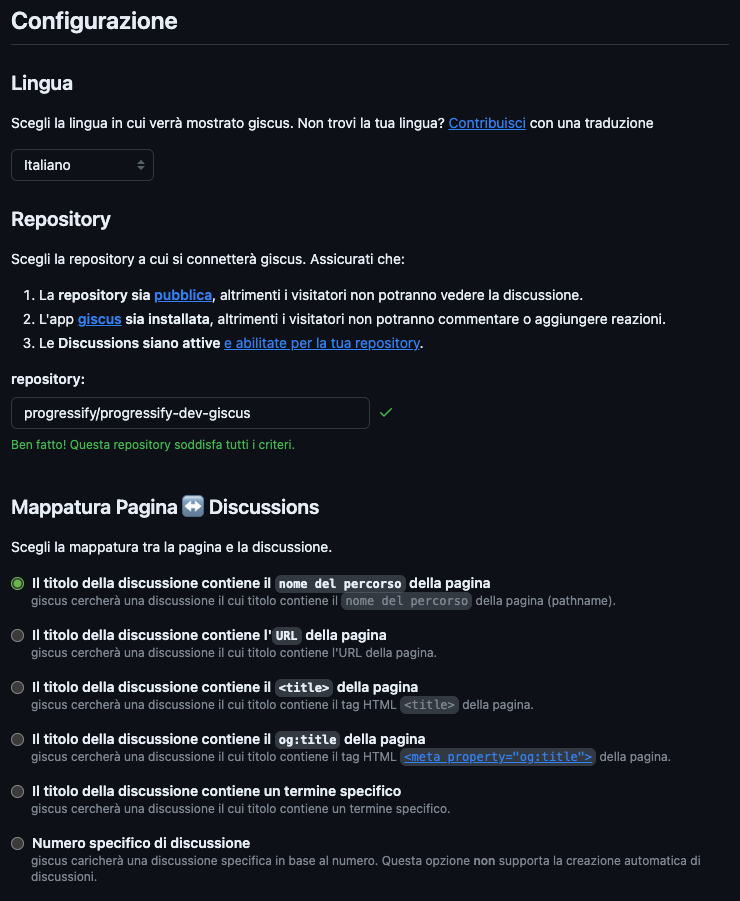 Configurazione giscus