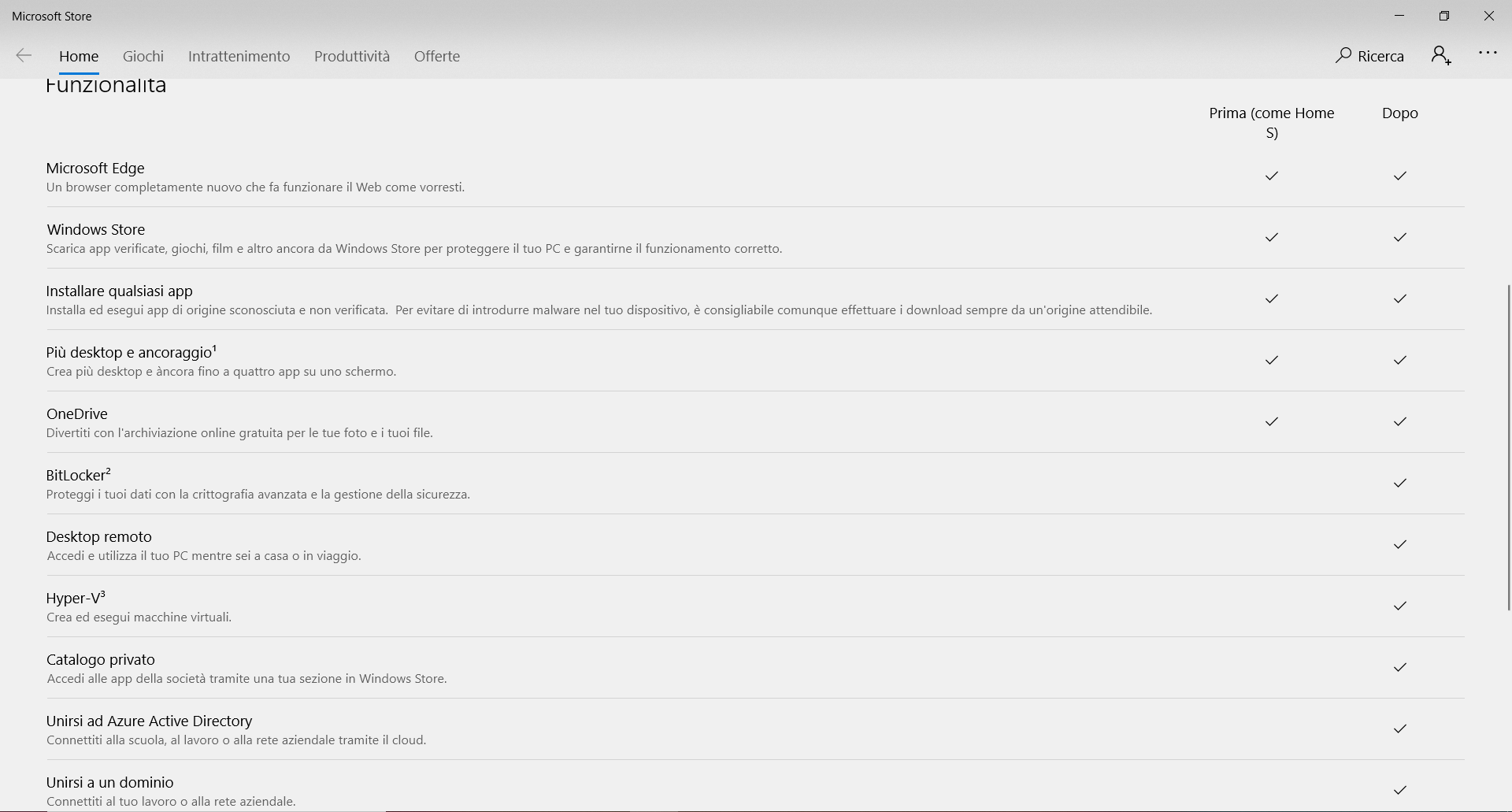 Confronto feature tra Windows con S mode e Windows Home