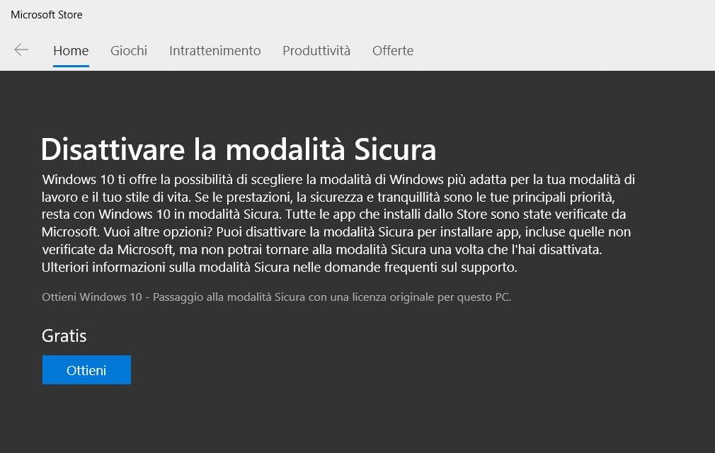 Disattivare modalità S dallo Store Microsoft