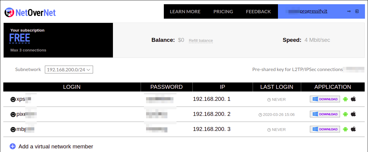 NetOverNet VPN Dashboard