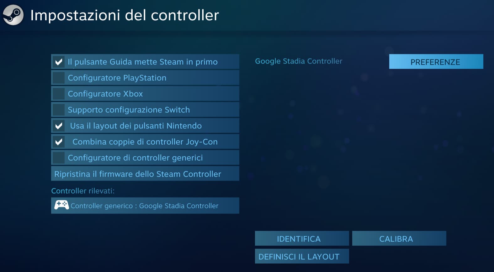 controller google stadia impostazioni steam